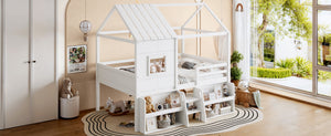 English Elm Full Size Playhouse Loft Bed with Staircase Storage Shelves and Pine Wood Frame W5305S00135