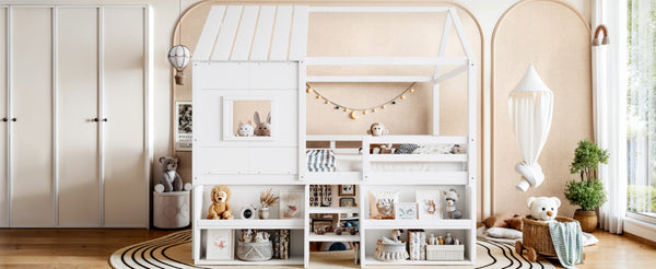 English Elm Full Size Playhouse Loft Bed with Staircase Storage Shelves and Pine Wood Frame W5305S00135