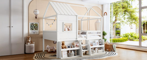 English Elm Full Size Playhouse Loft Bed with Staircase Storage Shelves and Pine Wood Frame W5305S00135