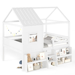 English Elm Full Size Playhouse Loft Bed with Staircase Storage Shelves and Pine Wood Frame W5305S00135