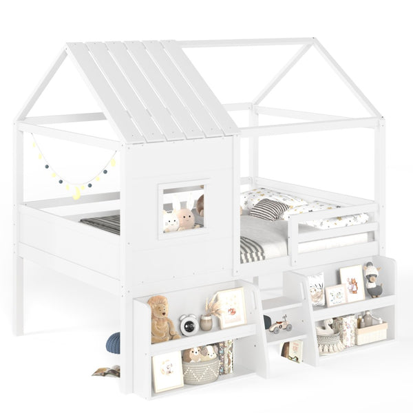English Elm Full Size Playhouse Loft Bed with Staircase Storage Shelves and Pine Wood Frame W5305S00135