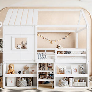 English Elm Full Size Playhouse Loft Bed with Staircase Storage Shelves and Pine Wood Frame W5305S00135