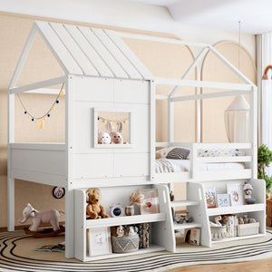 English Elm Full Size Playhouse Loft Bed with Staircase Storage Shelves and Pine Wood Frame W5305S00135