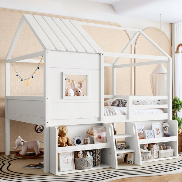 English Elm Full Size Playhouse Loft Bed with Staircase Storage Shelves and Pine Wood Frame W5305S00135