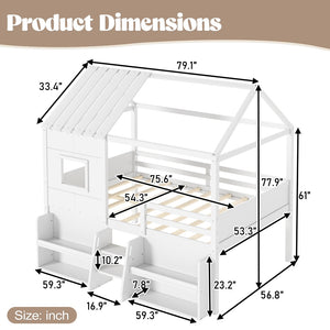 English Elm Full Size Playhouse Loft Bed with Staircase Storage Shelves and Pine Wood Frame W5305S00135