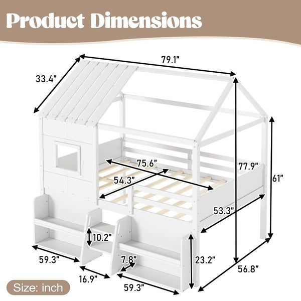 English Elm Full Size Playhouse Loft Bed with Staircase Storage Shelves and Pine Wood Frame W5305S00135