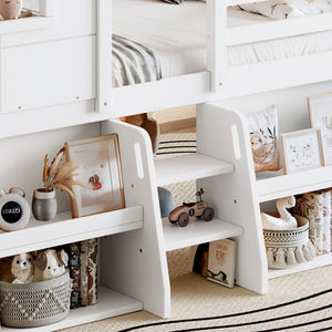 English Elm Full Size Playhouse Loft Bed with Staircase Storage Shelves and Pine Wood Frame W5305S00135
