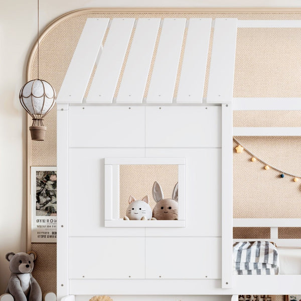 English Elm Full Size Playhouse Loft Bed with Staircase Storage Shelves and Pine Wood Frame W5305S00135