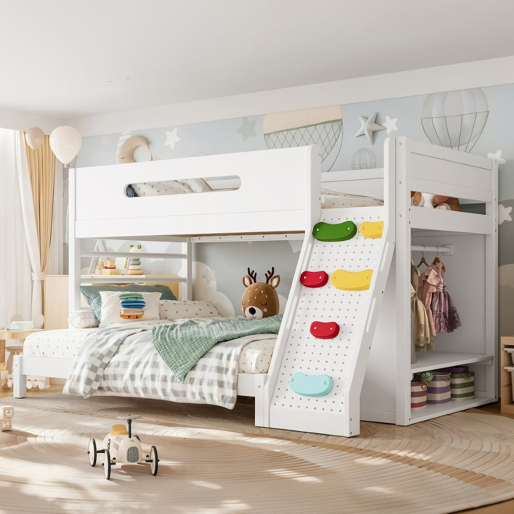 English Elm Twin/twin Xl Over Full Solid Pine Bunk Bed with Wardrobe Storage and Climbing Ladder White W5305S00136