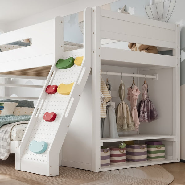 English Elm Twin/twin Xl Over Full Solid Pine Bunk Bed with Wardrobe Storage and Climbing Ladder White W5305S00136