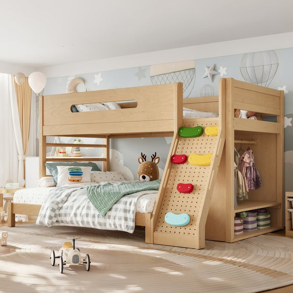 English Elm Twin/twin Xl Over Full Solid Pine Bunk Bed with Wardrobe Storage and Climbing Ladder Natural W5305S00137