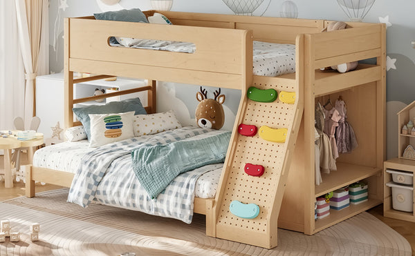 English Elm Twin/twin Xl Over Full Solid Pine Bunk Bed with Wardrobe Storage and Climbing Ladder Natural W5305S00137