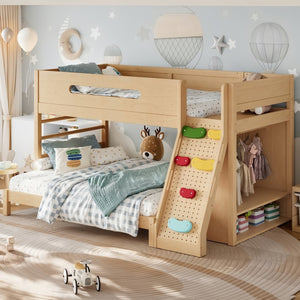 English Elm Twin/twin Xl Over Full Solid Pine Bunk Bed with Wardrobe Storage and Climbing Ladder Natural W5305S00137