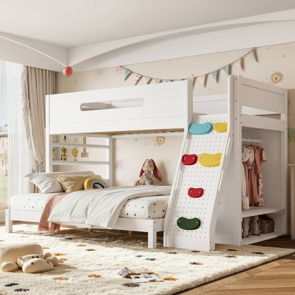 English Elm Twin Xl Over Queen Bunk Bed Pine Wood Frame Rock Climbing Ladder Wardrobe Storage White W5305S00138