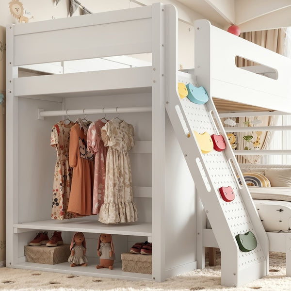 English Elm Twin Xl Over Queen Bunk Bed Pine Wood Frame Rock Climbing Ladder Wardrobe Storage White W5305S00138