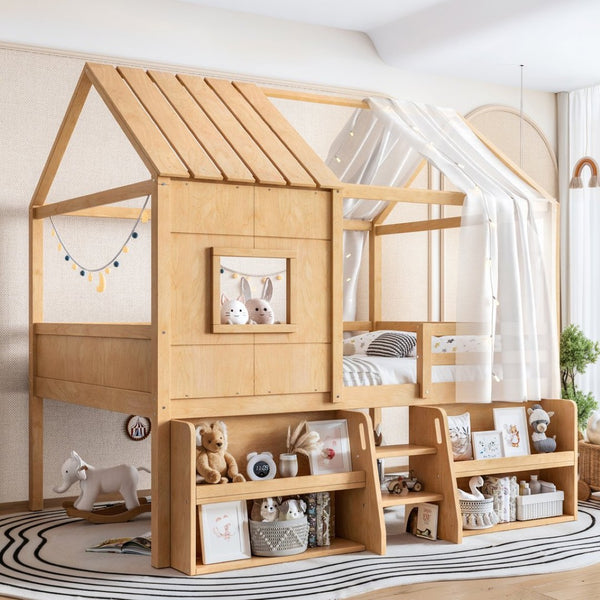 English Elm Full Size Pine Wood House Loft Bed with Staircase Storage Shelves and Playhouse Roof W5305S00139