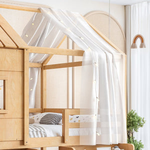 English Elm Full Size Pine Wood House Loft Bed with Staircase Storage Shelves and Playhouse Roof W5305S00139