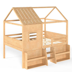 English Elm Full Size Pine Wood House Loft Bed with Staircase Storage Shelves and Playhouse Roof W5305S00139