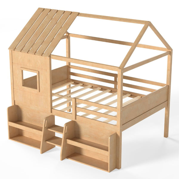 English Elm Full Size Pine Wood House Loft Bed with Staircase Storage Shelves and Playhouse Roof W5305S00139