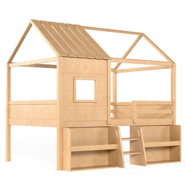 English Elm Full Size Pine Wood House Loft Bed with Staircase Storage Shelves and Playhouse Roof W5305S00139