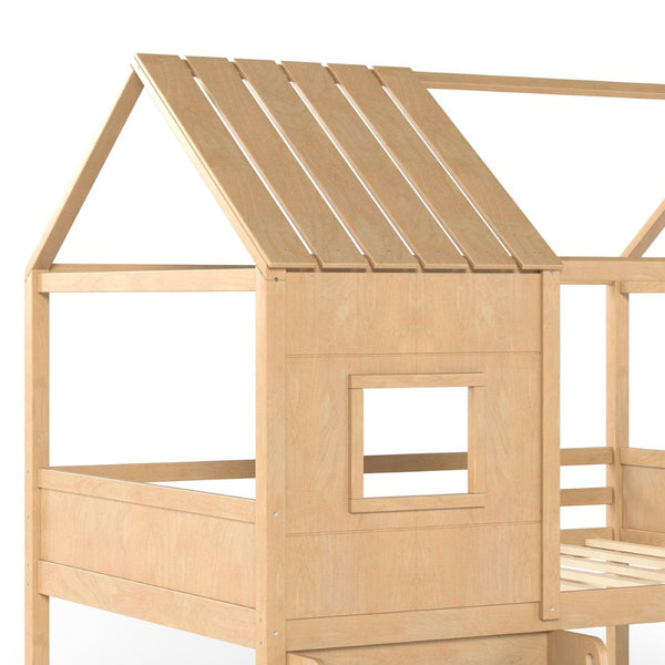 English Elm Full Size Pine Wood House Loft Bed with Staircase Storage Shelves and Playhouse Roof W5305S00139