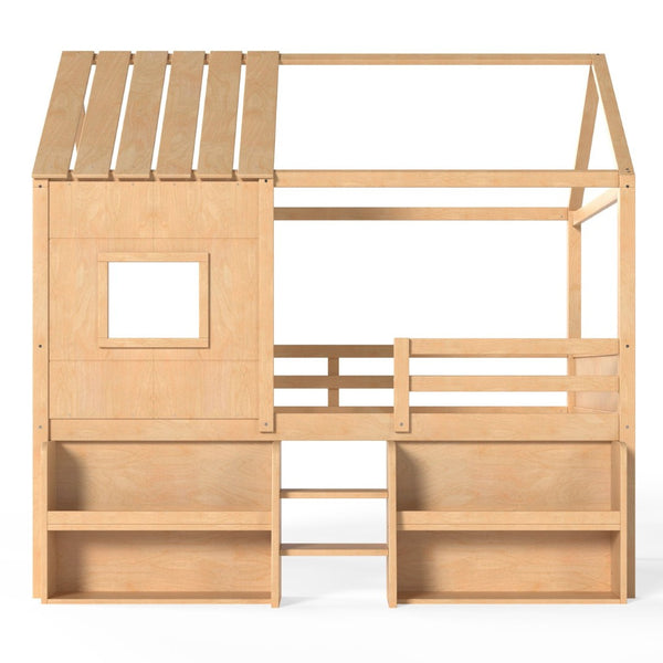 English Elm Full Size Pine Wood House Loft Bed with Staircase Storage Shelves and Playhouse Roof W5305S00139