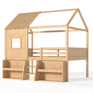 English Elm Full Size Pine Wood House Loft Bed with Staircase Storage Shelves and Playhouse Roof W5305S00139