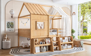 English Elm Full Size Pine Wood House Loft Bed with Staircase Storage Shelves and Playhouse Roof W5305S00139