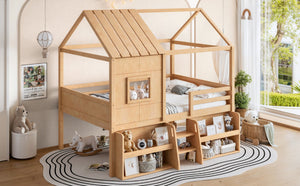 English Elm Full Size Pine Wood House Loft Bed with Staircase Storage Shelves and Playhouse Roof W5305S00139