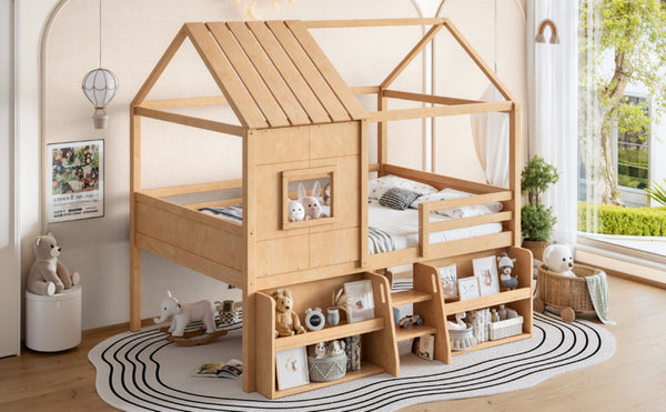 English Elm Full Size Pine Wood House Loft Bed with Staircase Storage Shelves and Playhouse Roof W5305S00139