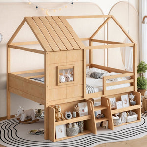 English Elm Full Size Pine Wood House Loft Bed with Staircase Storage Shelves and Playhouse Roof W5305S00139