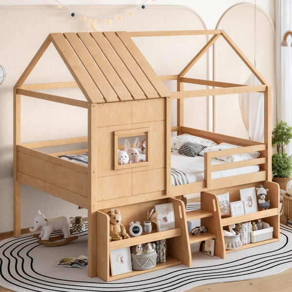 English Elm Full Size Pine Wood House Loft Bed with Staircase Storage Shelves and Playhouse Roof W5305S00139