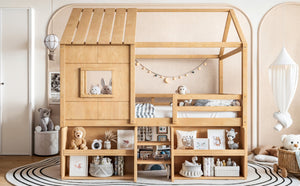 English Elm Full Size Pine Wood House Loft Bed with Staircase Storage Shelves and Playhouse Roof W5305S00139