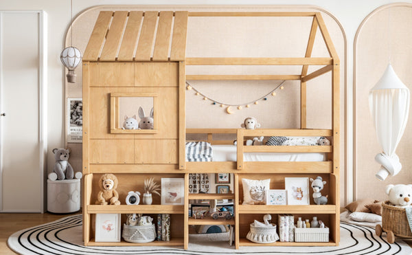 English Elm Full Size Pine Wood House Loft Bed with Staircase Storage Shelves and Playhouse Roof W5305S00139