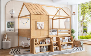 English Elm Full Size Pine Wood House Loft Bed with Staircase Storage Shelves and Playhouse Roof W5305S00139