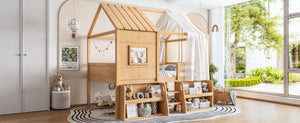English Elm Full Size Pine Wood House Loft Bed with Staircase Storage Shelves and Playhouse Roof W5305S00139