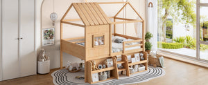 English Elm Full Size Pine Wood House Loft Bed with Staircase Storage Shelves and Playhouse Roof W5305S00139