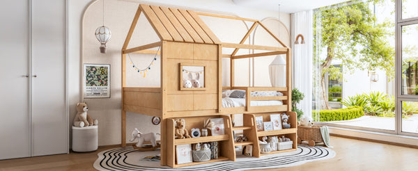 English Elm Full Size Pine Wood House Loft Bed with Staircase Storage Shelves and Playhouse Roof W5305S00139