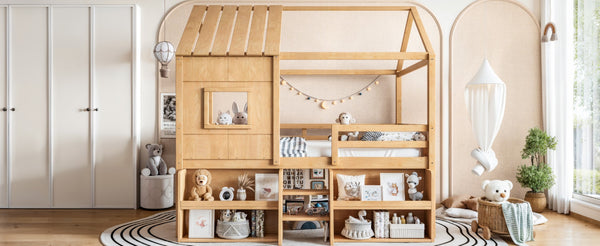 English Elm Full Size Pine Wood House Loft Bed with Staircase Storage Shelves and Playhouse Roof W5305S00139