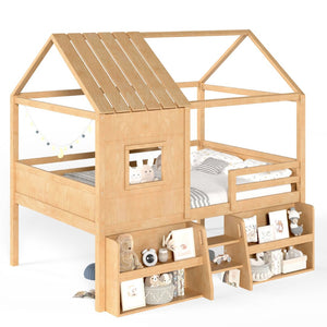 English Elm Full Size Pine Wood House Loft Bed with Staircase Storage Shelves and Playhouse Roof W5305S00139