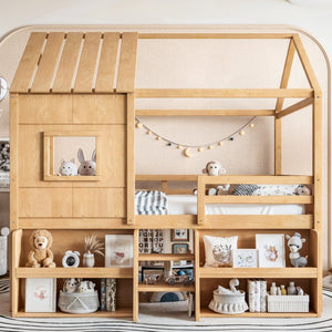English Elm Full Size Pine Wood House Loft Bed with Staircase Storage Shelves and Playhouse Roof W5305S00139