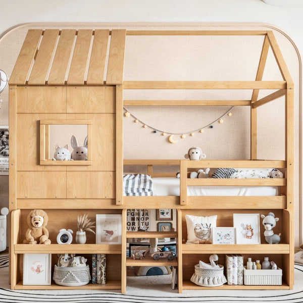English Elm Full Size Pine Wood House Loft Bed with Staircase Storage Shelves and Playhouse Roof W5305S00139