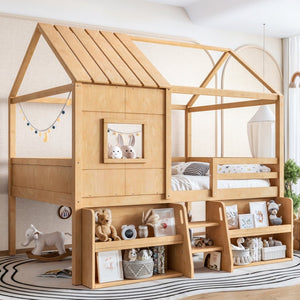 English Elm Full Size Pine Wood House Loft Bed with Staircase Storage Shelves and Playhouse Roof W5305S00139