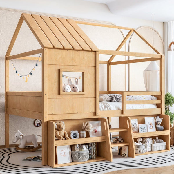 English Elm Full Size Pine Wood House Loft Bed with Staircase Storage Shelves and Playhouse Roof W5305S00139