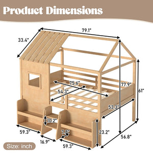 English Elm Full Size Pine Wood House Loft Bed with Staircase Storage Shelves and Playhouse Roof W5305S00139
