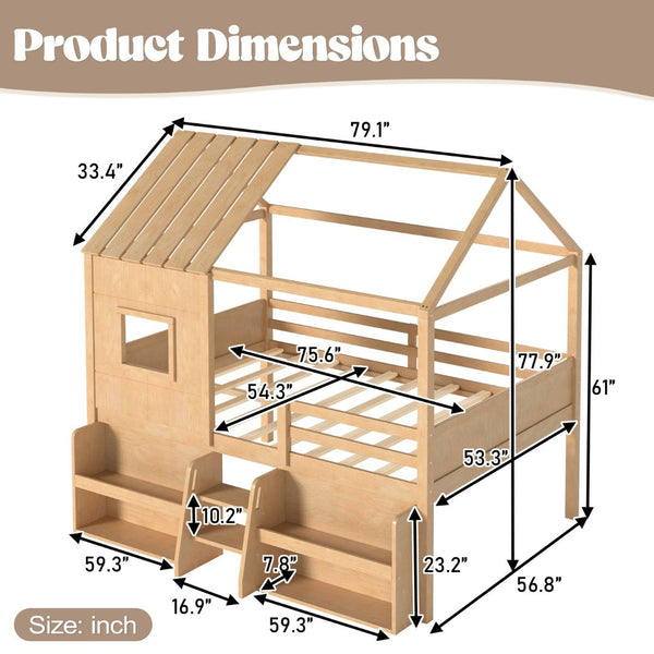 English Elm Full Size Pine Wood House Loft Bed with Staircase Storage Shelves and Playhouse Roof W5305S00139