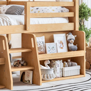 English Elm Full Size Pine Wood House Loft Bed with Staircase Storage Shelves and Playhouse Roof W5305S00139