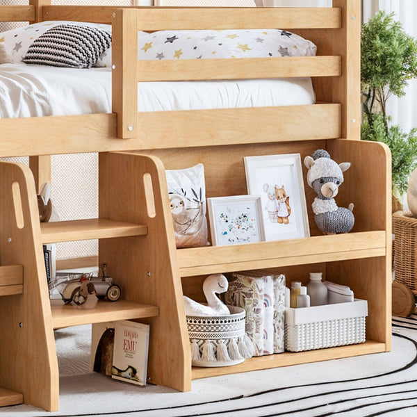 English Elm Full Size Pine Wood House Loft Bed with Staircase Storage Shelves and Playhouse Roof W5305S00139