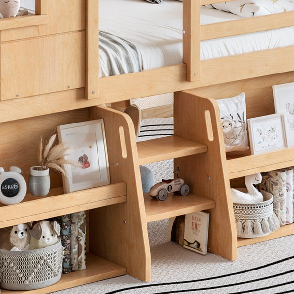 English Elm Full Size Pine Wood House Loft Bed with Staircase Storage Shelves and Playhouse Roof W5305S00139