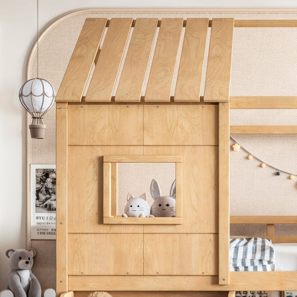 English Elm Full Size Pine Wood House Loft Bed with Staircase Storage Shelves and Playhouse Roof W5305S00139